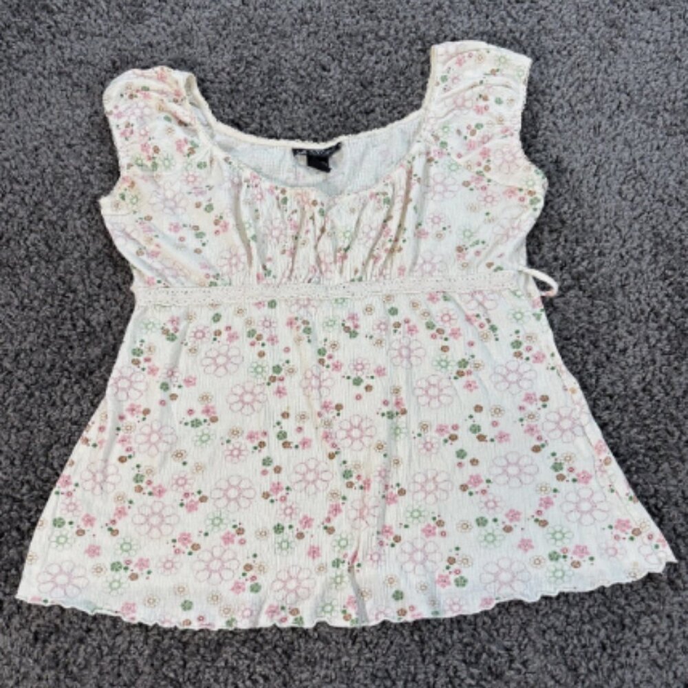 Y2K Babydoll Top Women's Large Colorful Floral White Tie Back Prairie